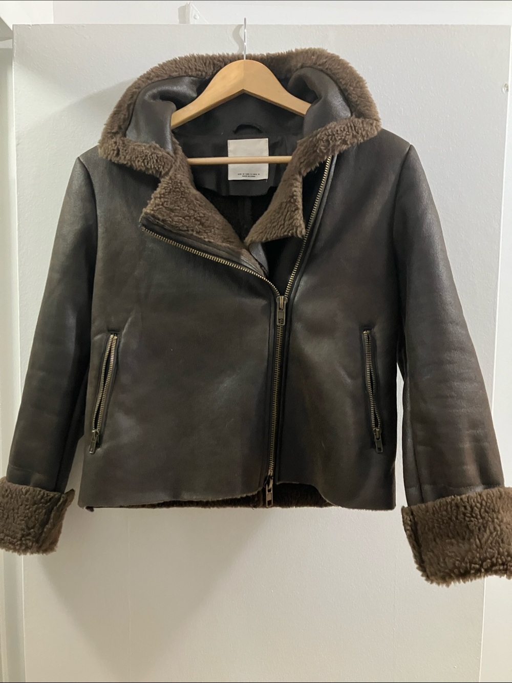 Mango Brown Shearling-Lined Leather Jacket